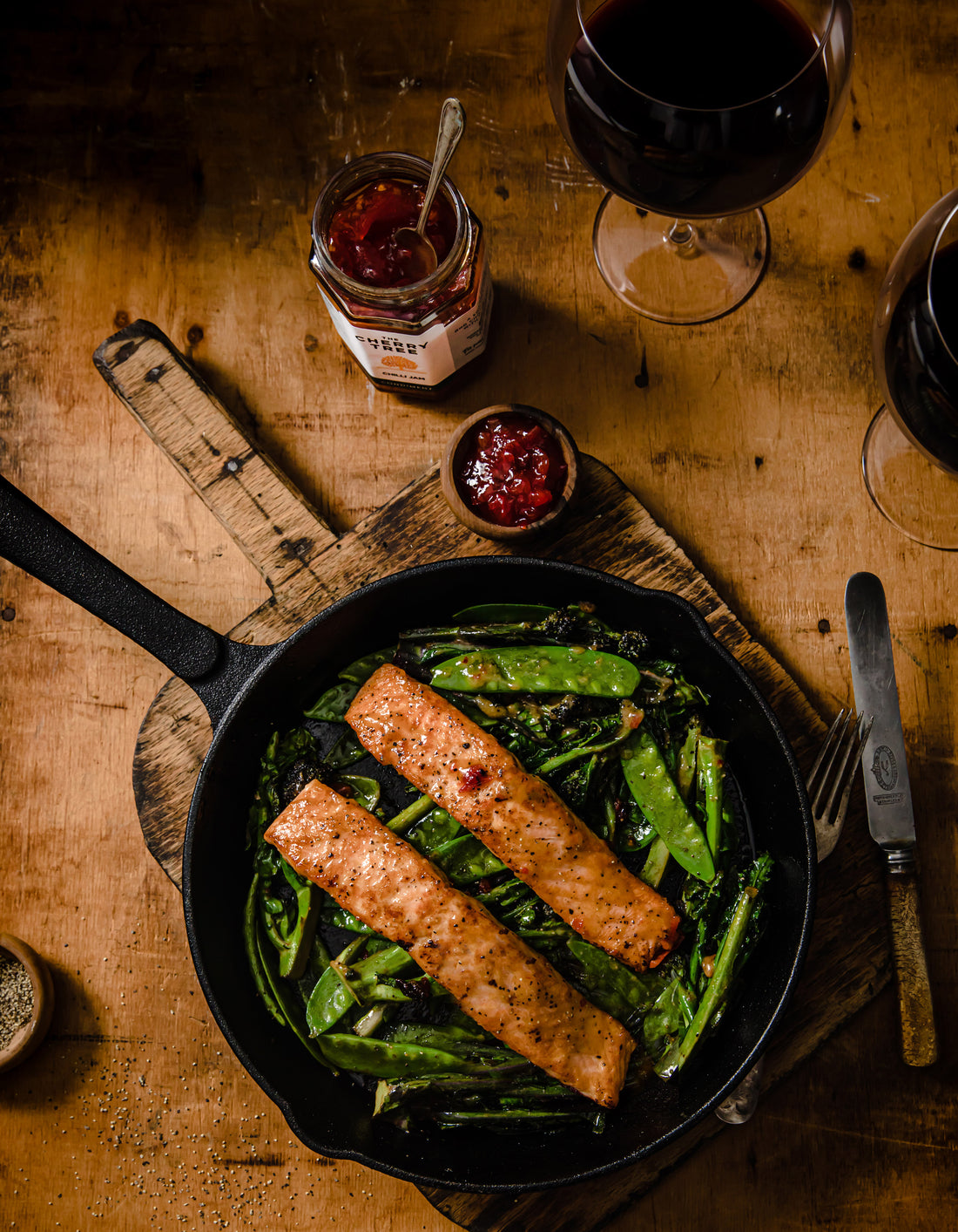 Miso Glazed Salmon with Chilli Jam, Sautéed Broccoli & Mangetout Recipe