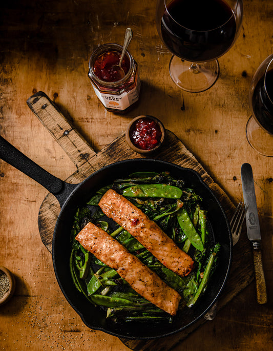 Miso Glazed Salmon with Chilli Jam, Sautéed Broccoli & Mangetout Recipe