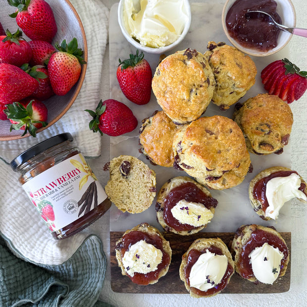 Fruited Scones with Strawberry & Rhubarb Jam and Clotted Cream