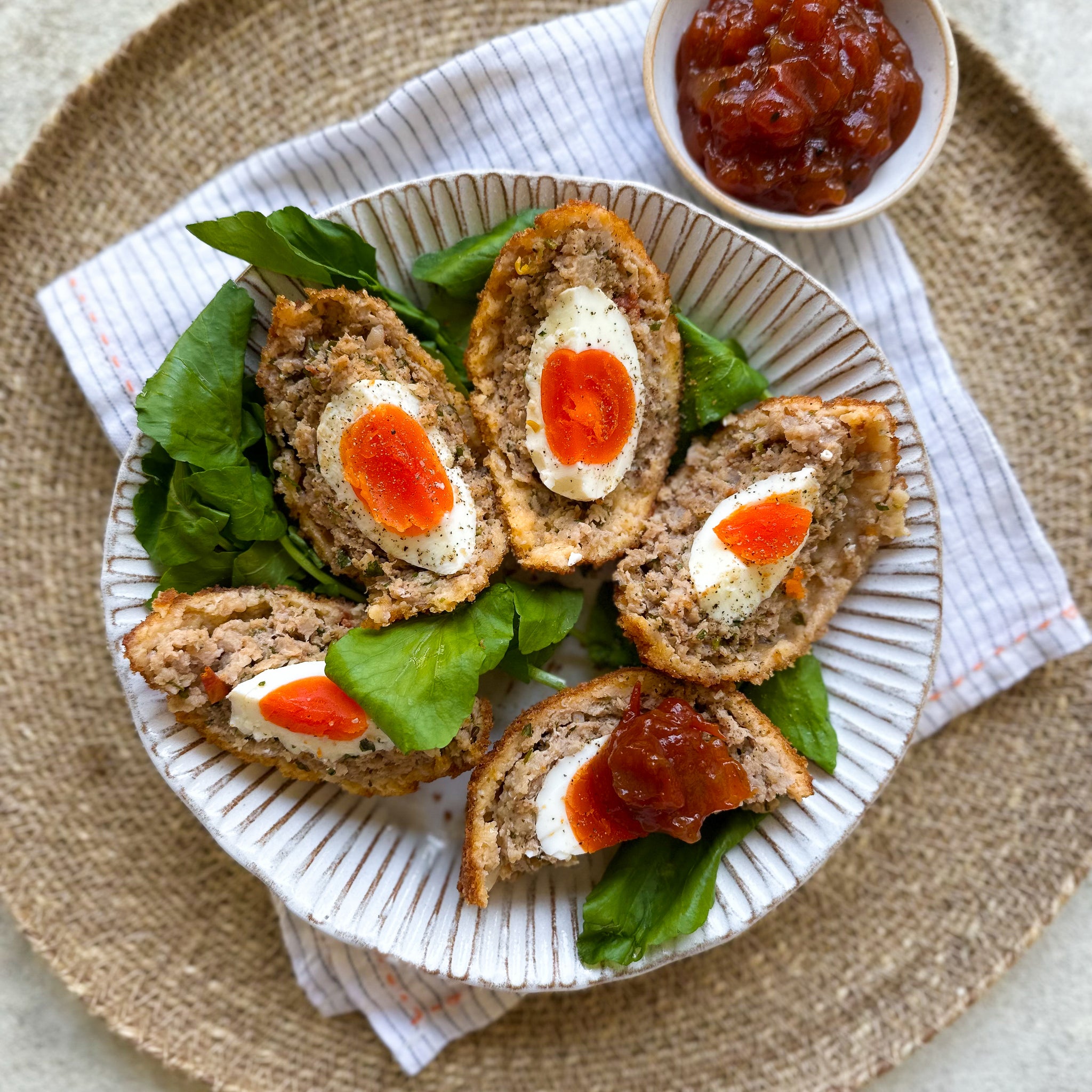 Scotch Eggs with Spicy Tomato & Caramelised Onion Chutney Recipe